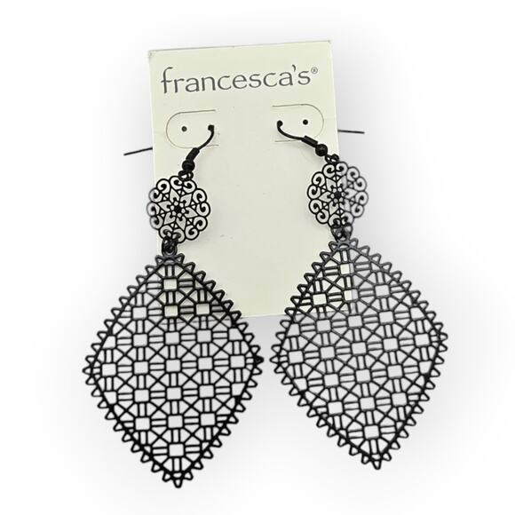 Francesca’s Black Filigree Drop Statement Earrings - Picture 1 of 8
